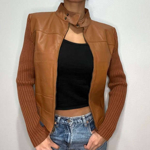 Vintage Maurice Sasson Leather Moto Jacket Sweater Zip-Up - Picture 3 of 8